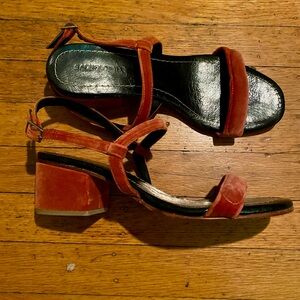 Rachel Comey Rust-Orange Velvet Block Heel Sandals